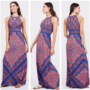 London Times Sleeveless Maxi Dress Sz 20W Keyhole Neckline Orange/Blue Design